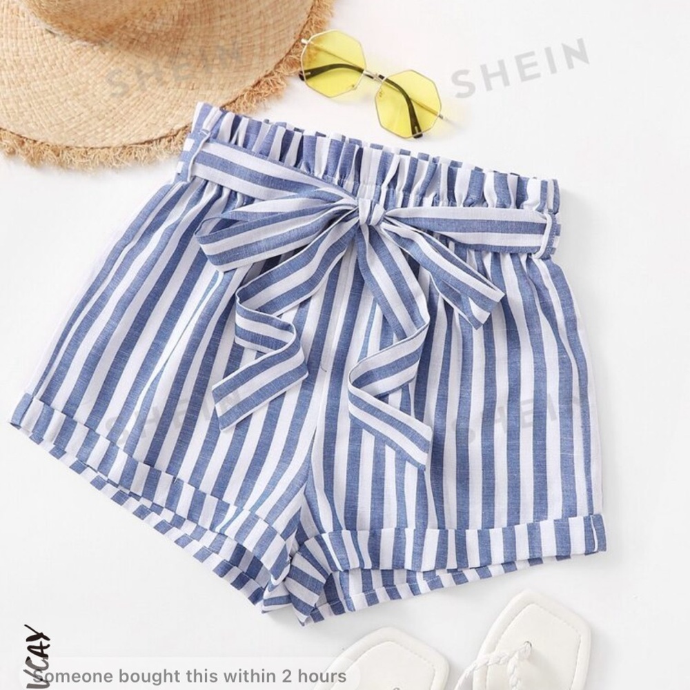 SHEIN VCAY hem self belted striped shorts